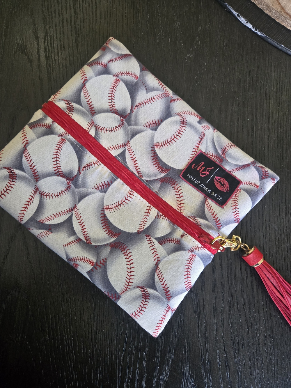 Makeup Junkie Bags Baseball Print Cosmetic Pouch - Red Trim